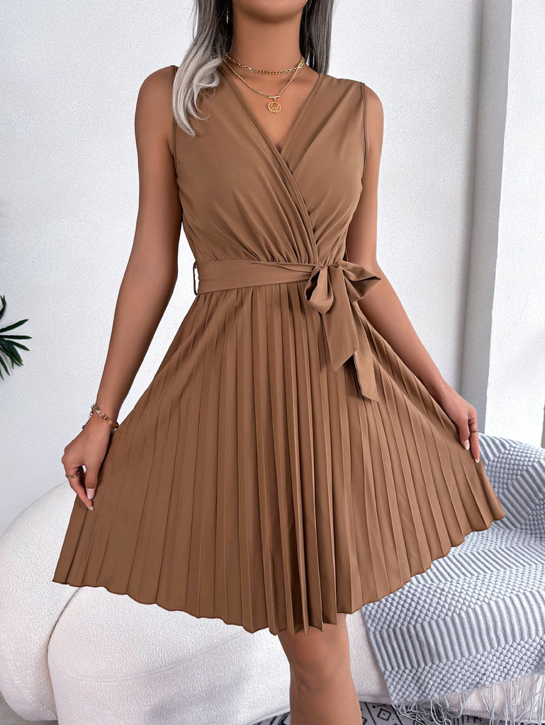 European And American Elegant Cross V - neck Sleeveless Cinched Pleated Dress - Amaze - On ShoppingWomen's CollectionsAmaze - On Shopping